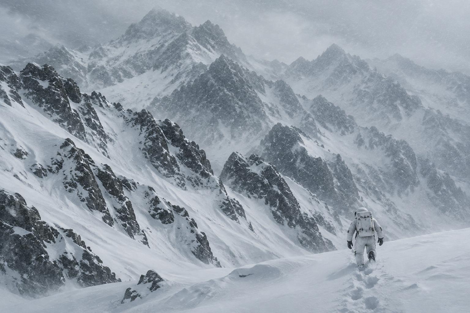 Ein Astronaut steigt durch einen Schneesturm in verschneite Berge auf.